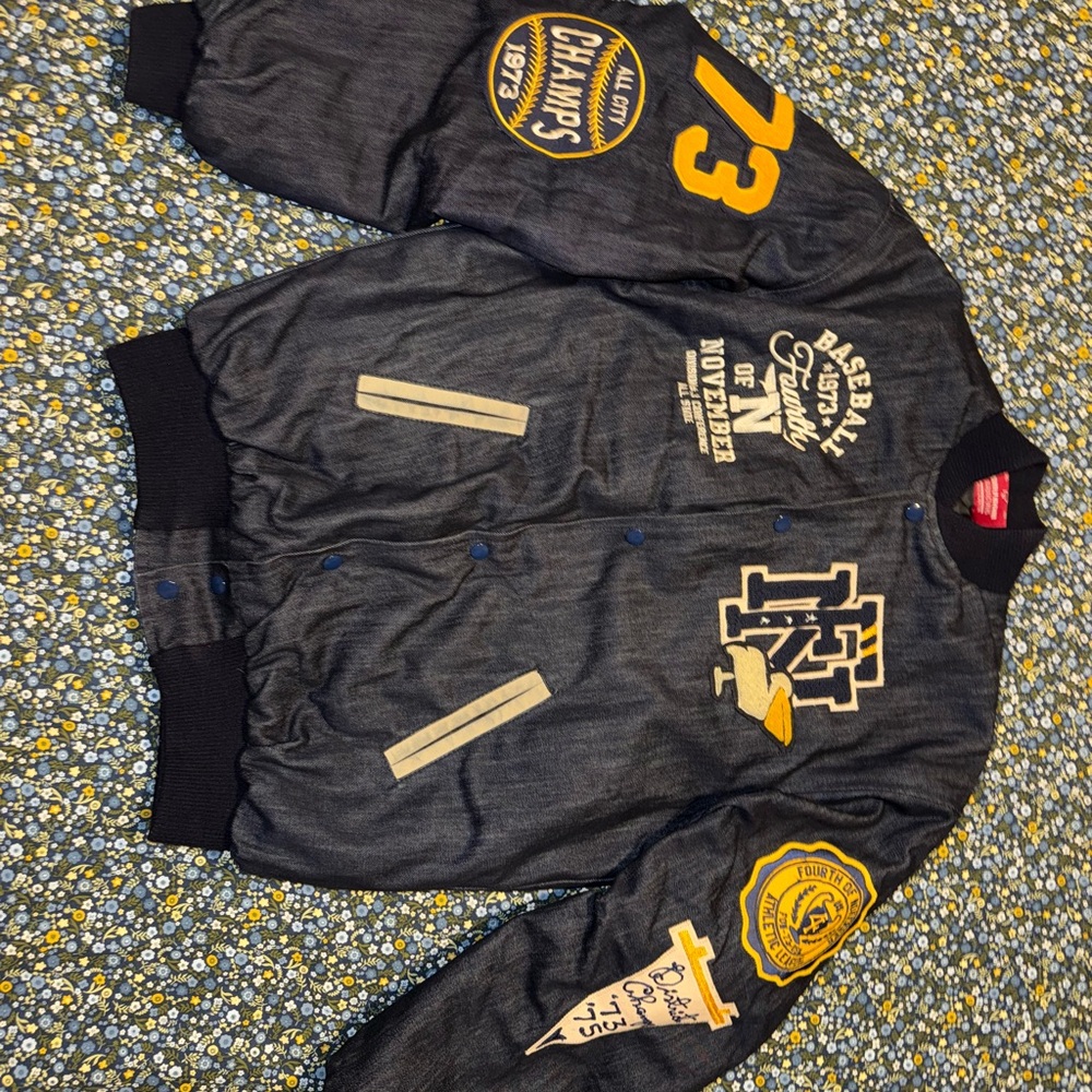 Stylish Denim Varsity Jacket with Yellow Accents